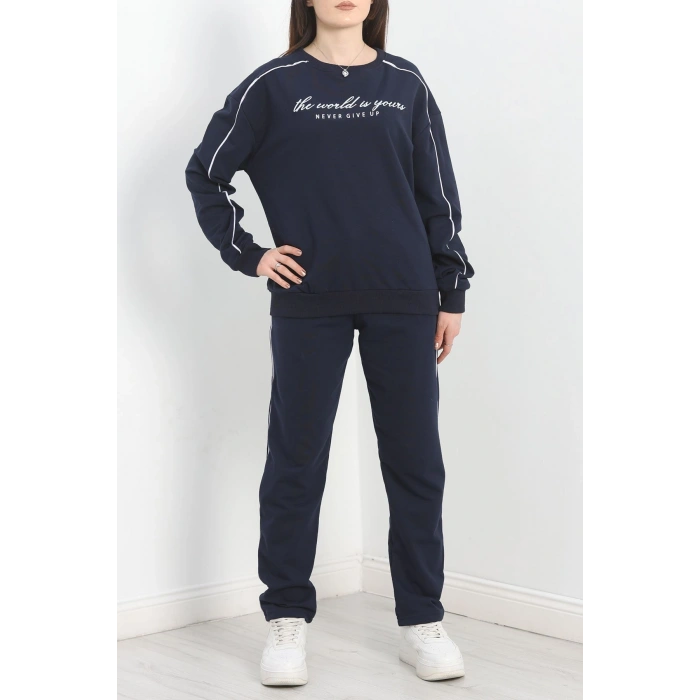 Baskılı Biyeli Eşofman Takımı Lacivertbeyaz - 20075.1857.