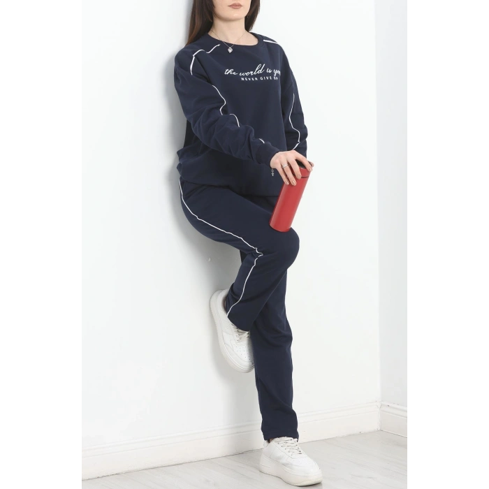 Baskılı Biyeli Eşofman Takımı Lacivertbeyaz - 20075.1857.