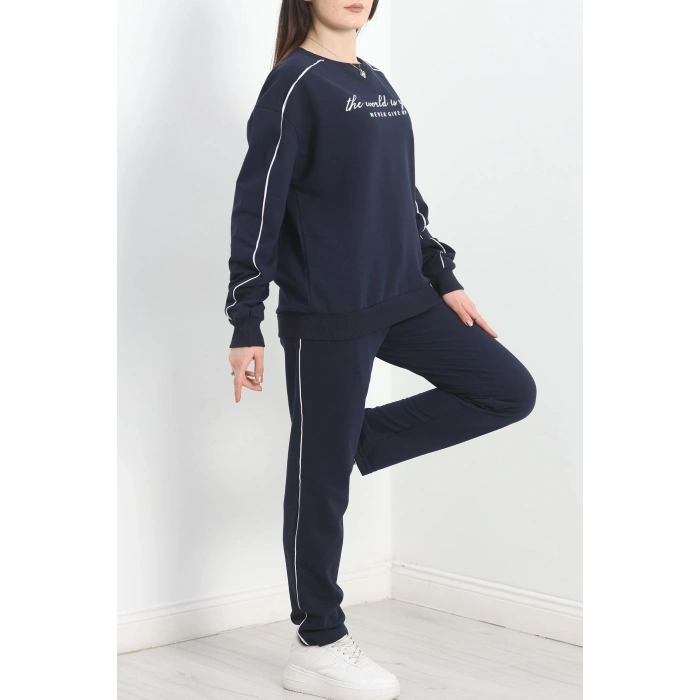 Baskılı Biyeli Eşofman Takımı Lacivertbeyaz - 20075.1857.