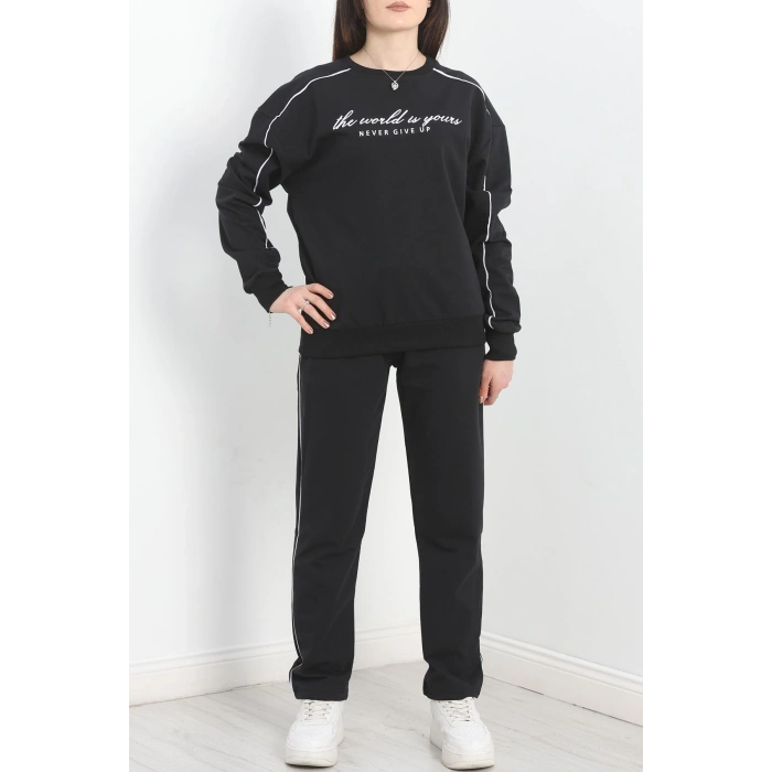 Baskılı Biyeli Eşofman Takımı Siyahbeyaz - 20075.1857.