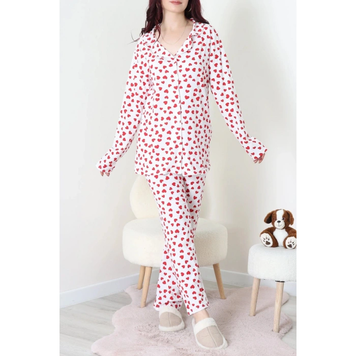 Baskılı Düğmeli Pijama Takım Beyazkalp - 50776.1773.