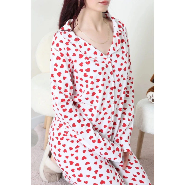 Baskılı Düğmeli Pijama Takım Beyazkalp - 50776.1773.