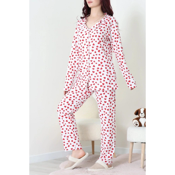 Baskılı Düğmeli Pijama Takım Beyazkalp - 50776.1773.