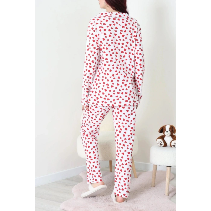 Baskılı Düğmeli Pijama Takım Beyazkalp - 50776.1773.