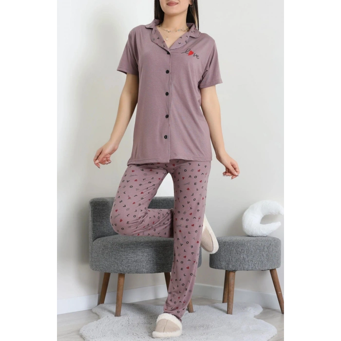 Baskılı Düğmeli Pijama Takım Patlıcanmor - 50776.1773.
