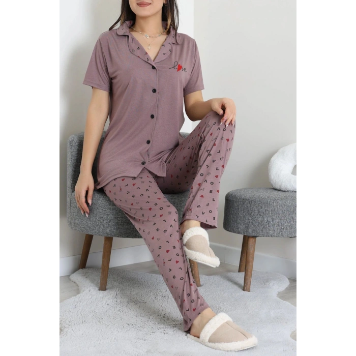 Baskılı Düğmeli Pijama Takım Patlıcanmor - 50776.1773.