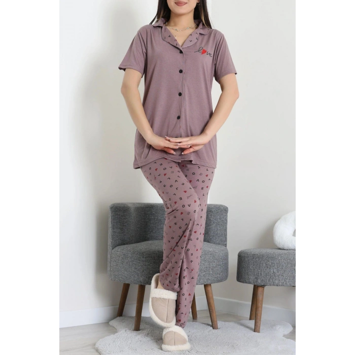 Baskılı Düğmeli Pijama Takım Patlıcanmor - 50776.1773.
