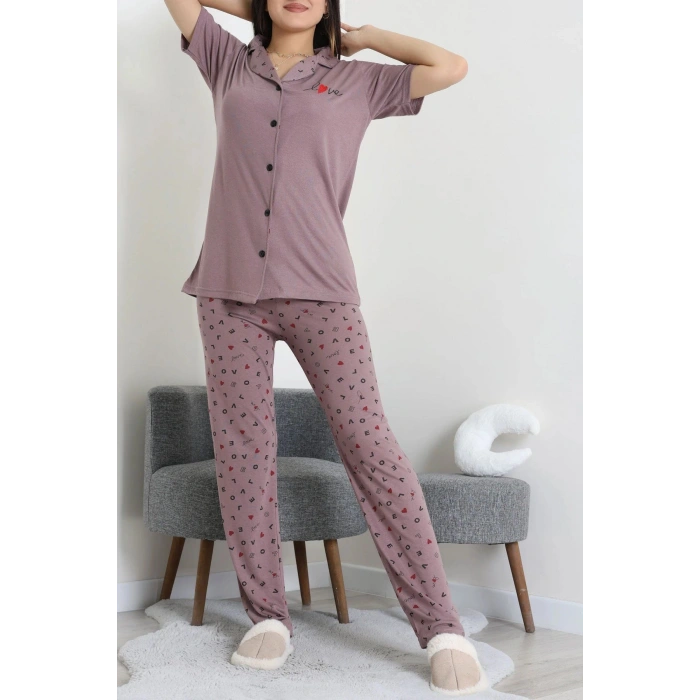 Baskılı Düğmeli Pijama Takım Patlıcanmor - 50776.1773.