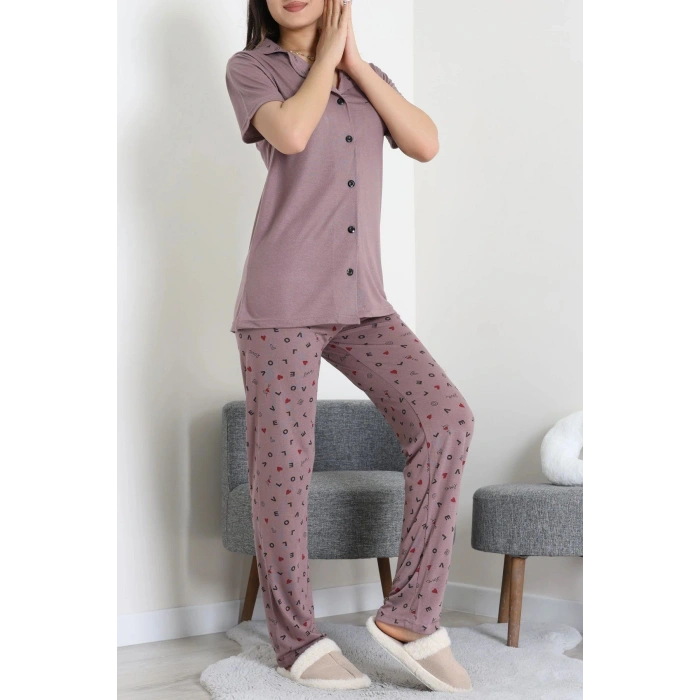 Baskılı Düğmeli Pijama Takım Patlıcanmor - 50776.1773.