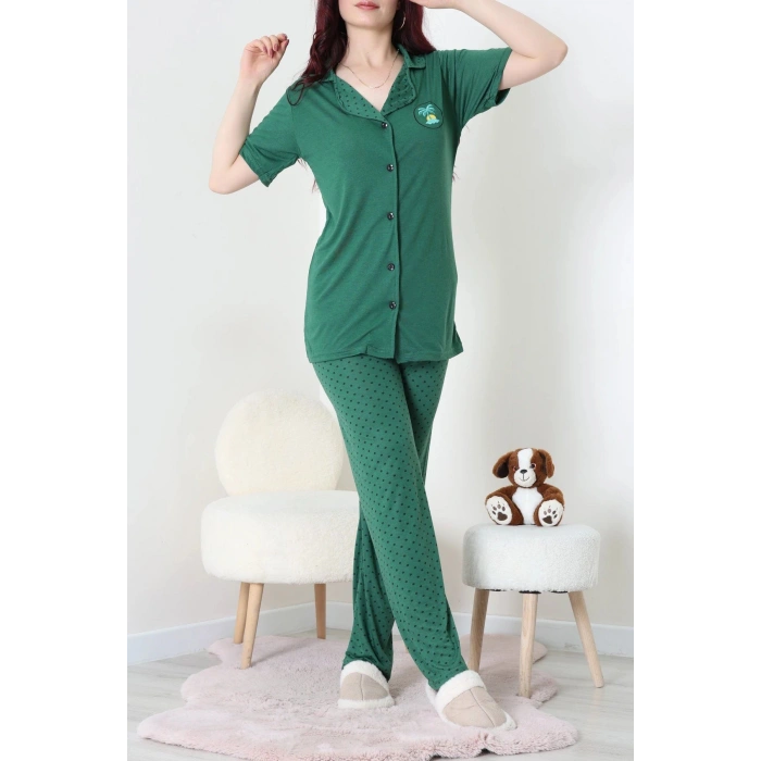 Baskılı Düğmeli Pijama Takım Zümrüt - 50776.1773.