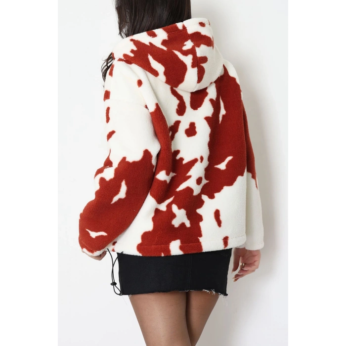 Baskılı Kapşonlu Polar Ceket Ekrukiremit - 31711.1247.