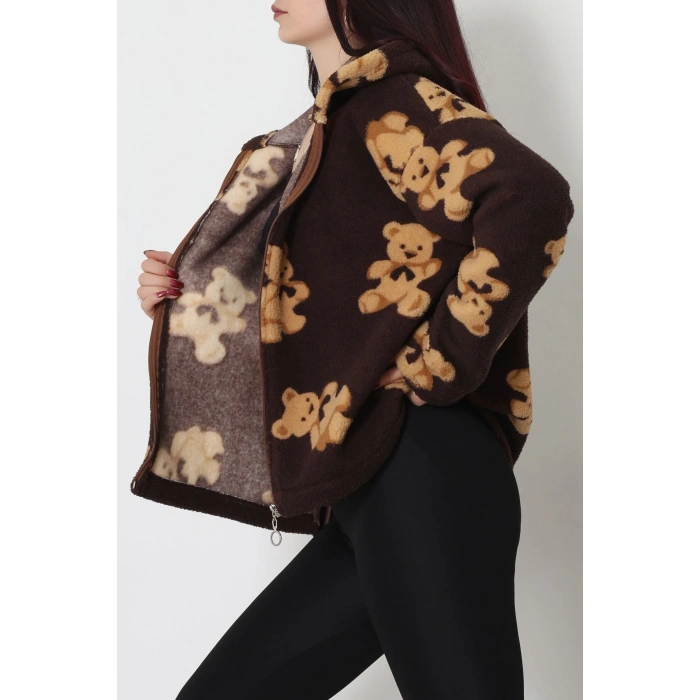 Baskılı Kapşonlu Polar Ceket Kahve - 31711.1247.