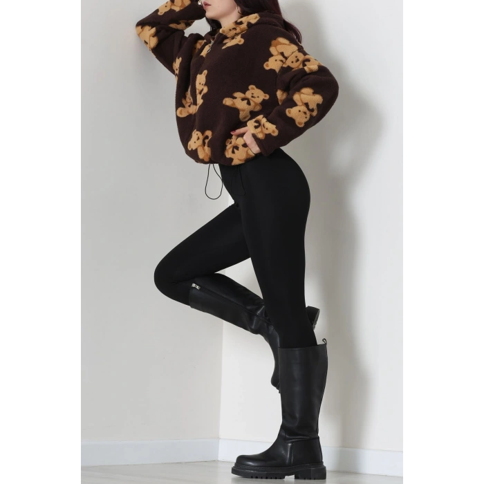 Baskılı Kapşonlu Polar Ceket Kahve - 31711.1247.