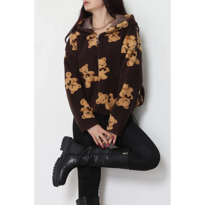 Baskılı Kapşonlu Polar Ceket Kahve - 31711.1247.