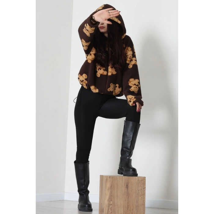 Baskılı Kapşonlu Polar Ceket Kahve - 31711.1247.