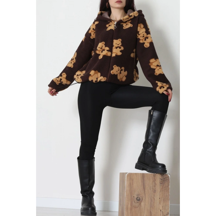 Baskılı Kapşonlu Polar Ceket Kahve - 31711.1247.