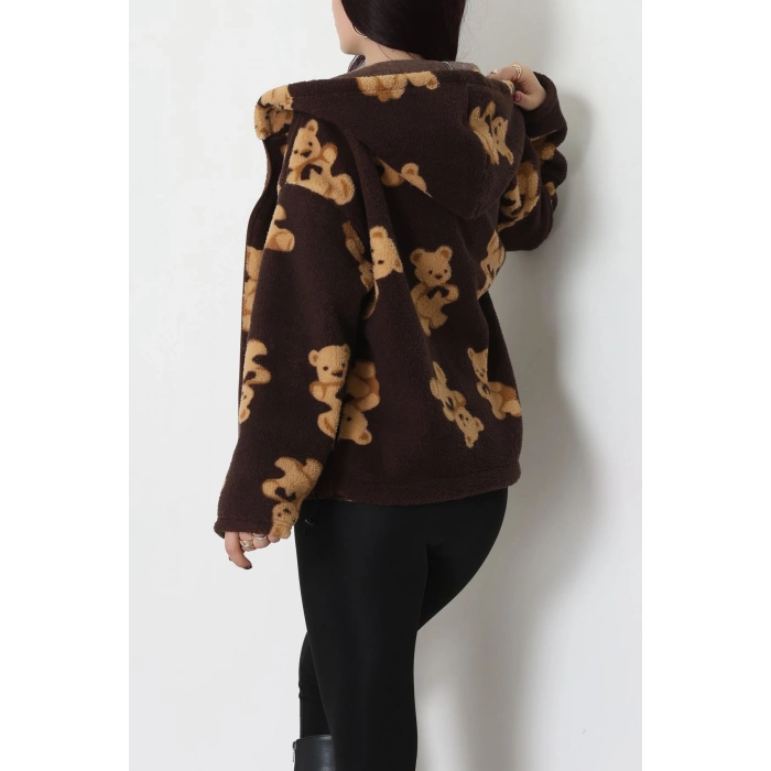 Baskılı Kapşonlu Polar Ceket Kahve - 31711.1247.