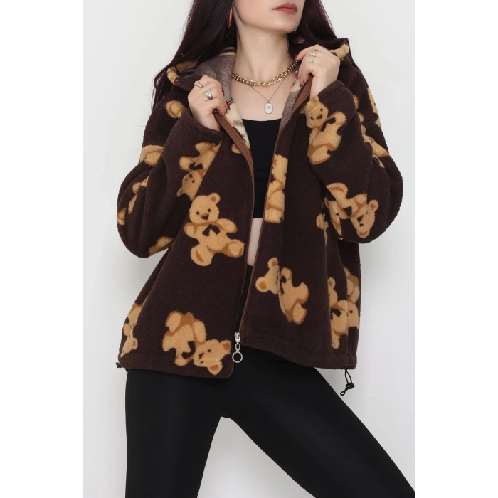 Baskılı Kapşonlu Polar Ceket Kahve - 31711.1247.