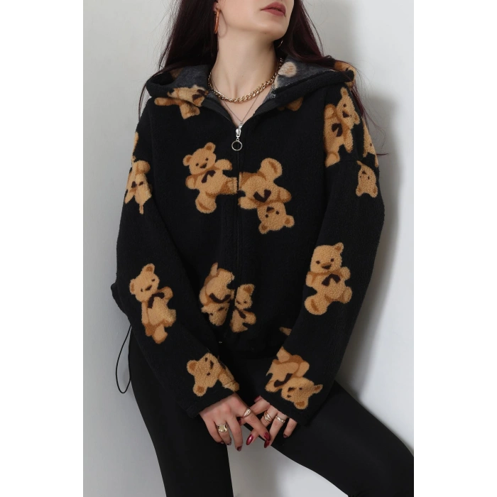 Baskılı Kapşonlu Polar Ceket Siyah - 31711.1247.