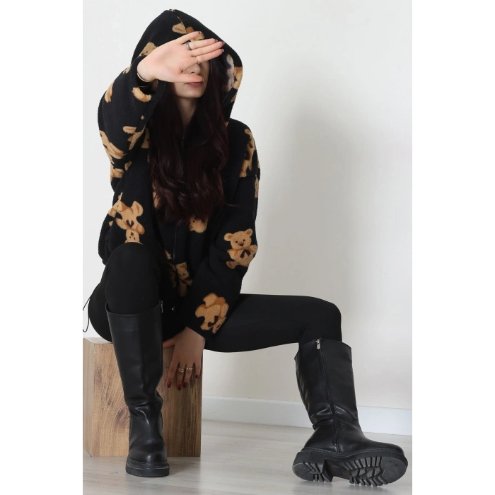 Baskılı Kapşonlu Polar Ceket Siyah - 31711.1247.