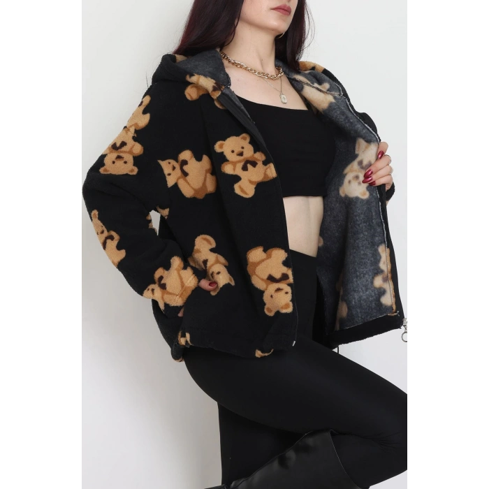 Baskılı Kapşonlu Polar Ceket Siyah - 31711.1247.