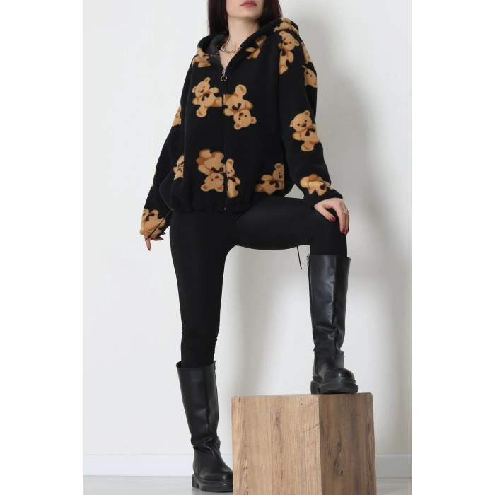 Baskılı Kapşonlu Polar Ceket Siyah - 31711.1247.