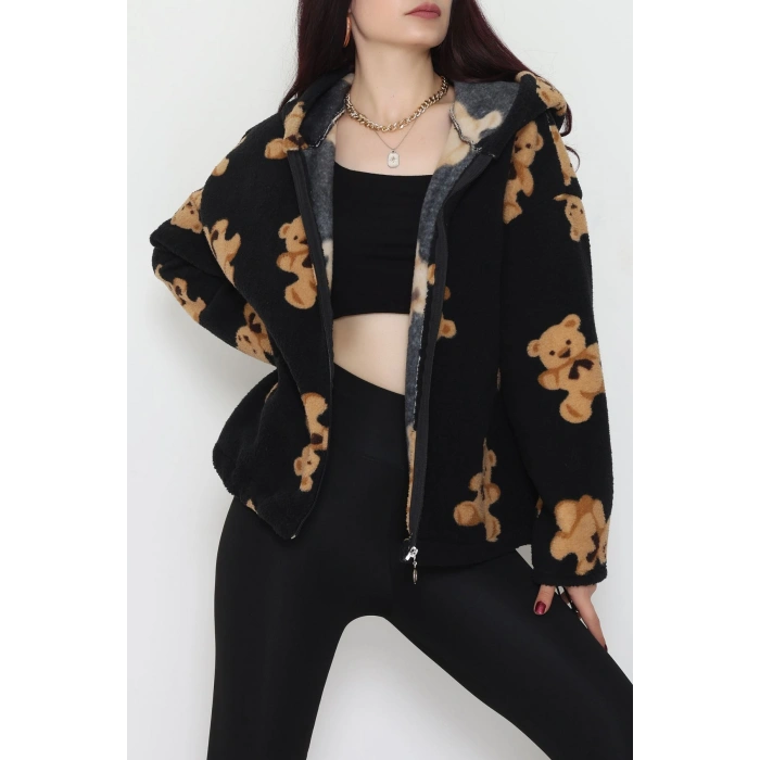 Baskılı Kapşonlu Polar Ceket Siyah - 31711.1247.