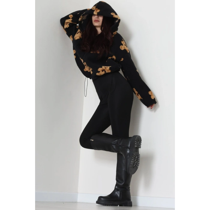 Baskılı Kapşonlu Polar Ceket Siyah - 31711.1247.