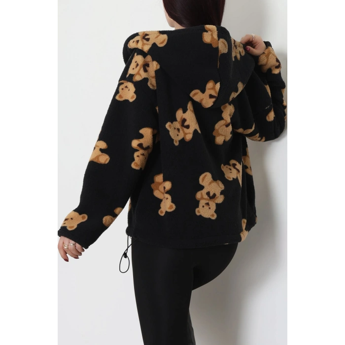 Baskılı Kapşonlu Polar Ceket Siyah - 31711.1247.