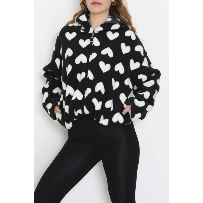 Baskılı Kapşonlu Polar Ceket Siyahkalp - 31711.1247.