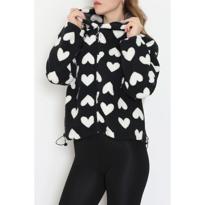 Baskılı Kapşonlu Polar Ceket Siyahkalp - 31711.1247.