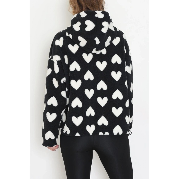 Baskılı Kapşonlu Polar Ceket Siyahkalp - 31711.1247.