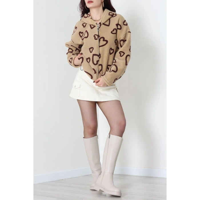 Baskılı Kapşonlu Polar Ceket Vizonkahve - 31711.1247.