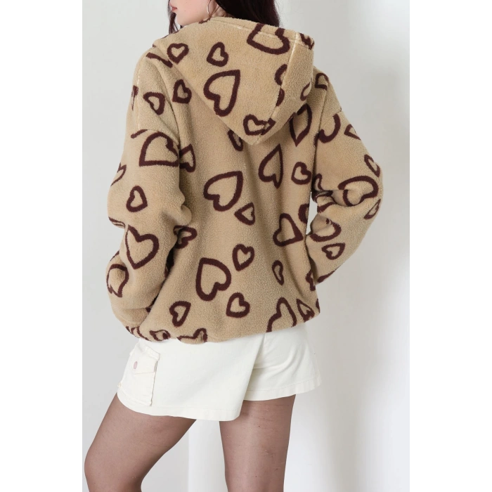 Baskılı Kapşonlu Polar Ceket Vizonkahve - 31711.1247.