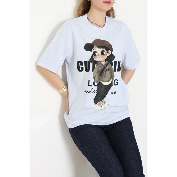 Baskılı Kompakt Penye Tişört Açıkmavi - 55044.1872.