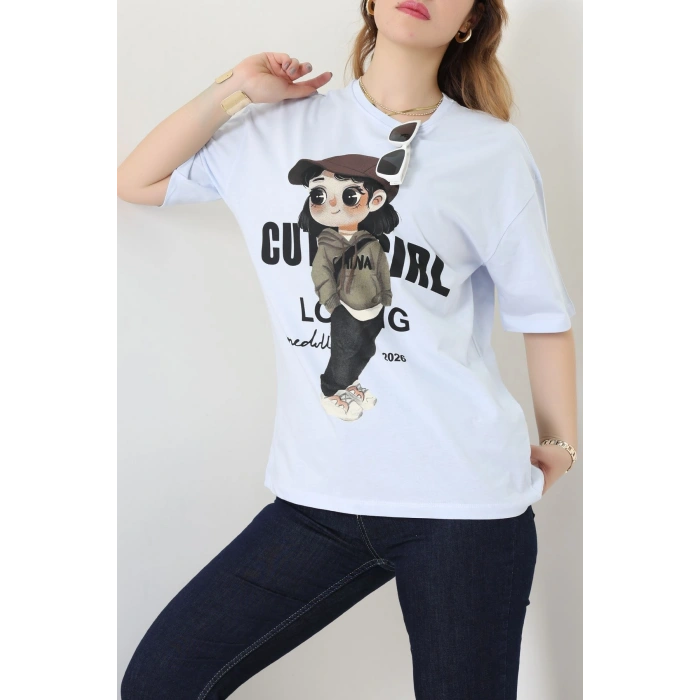 Baskılı Kompakt Penye Tişört Açıkmavi - 55044.1872.