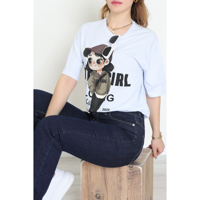 Baskılı Kompakt Penye Tişört Açıkmavi - 55044.1872.