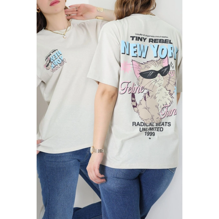 Baskılı Kompakt Penye Tişört Bejmavi - 55044.1872.