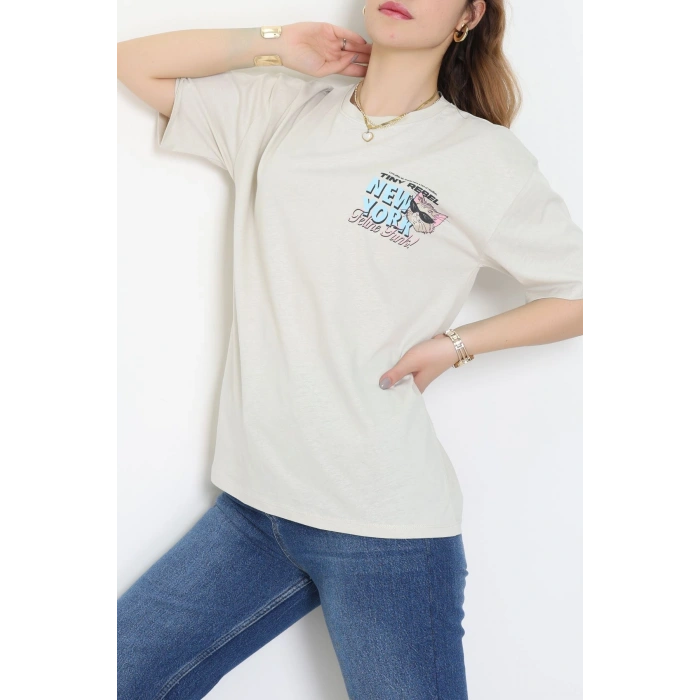 Baskılı Kompakt Penye Tişört Bejmavi - 55044.1872.