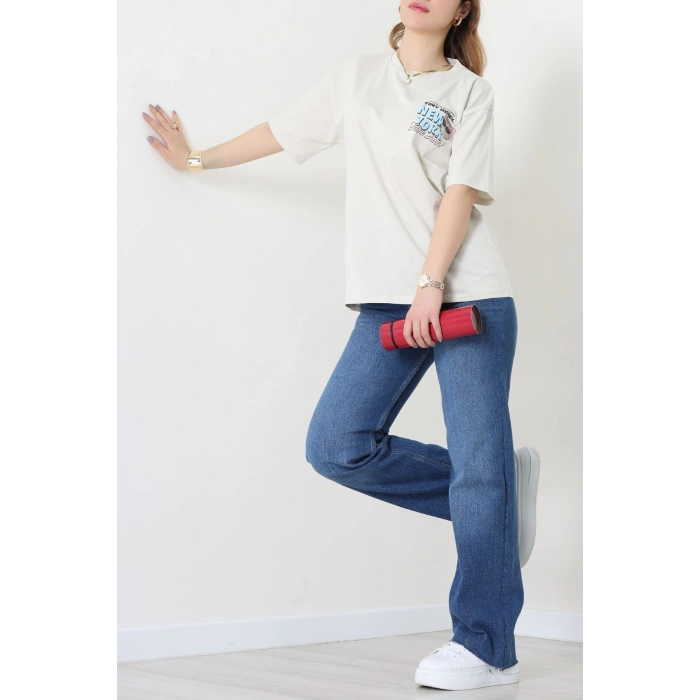 Baskılı Kompakt Penye Tişört Bejmavi - 55044.1872.