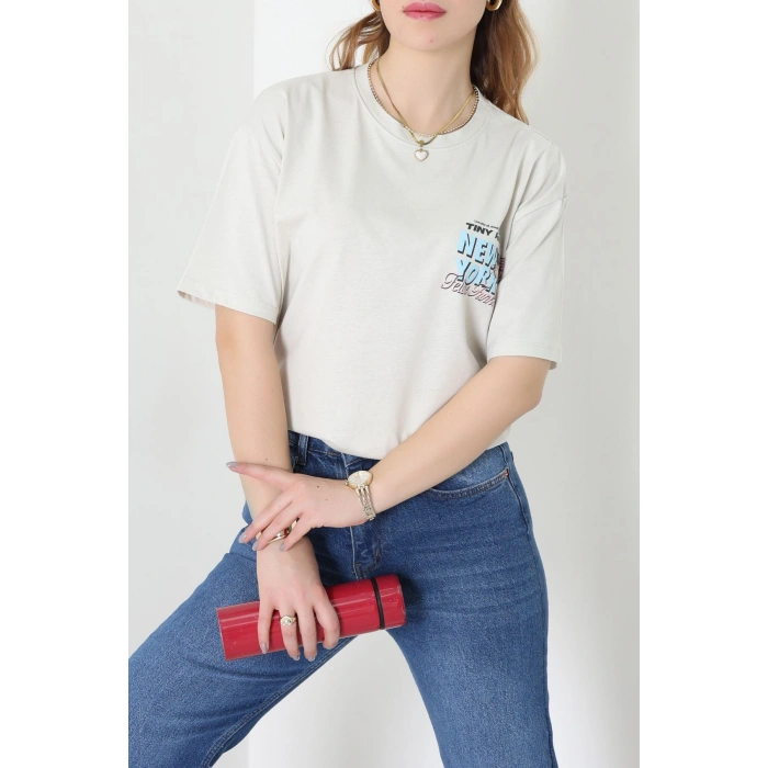 Baskılı Kompakt Penye Tişört Bejmavi - 55044.1872.