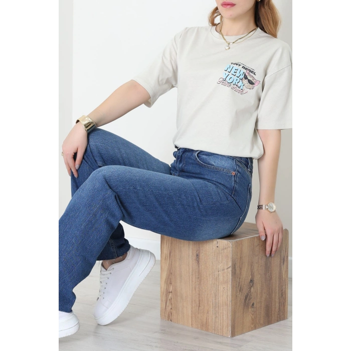 Baskılı Kompakt Penye Tişört Bejmavi - 55044.1872.