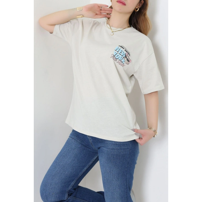 Baskılı Kompakt Penye Tişört Bejmavi - 55044.1872.