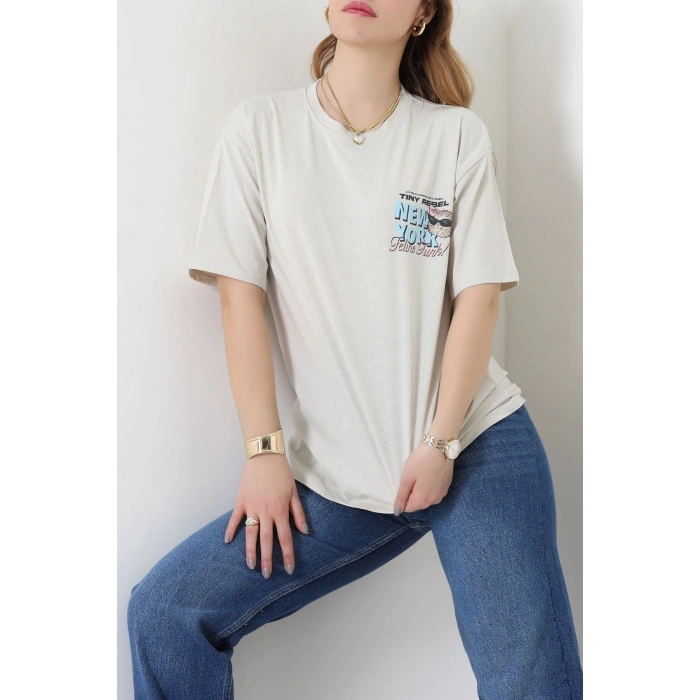 Baskılı Kompakt Penye Tişört Bejmavi - 55044.1872.