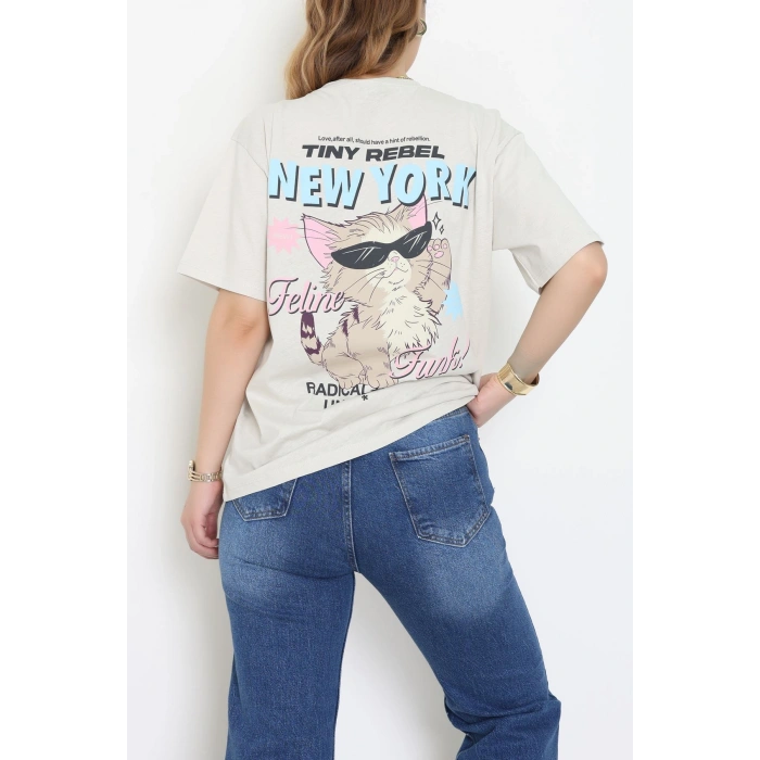 Baskılı Kompakt Penye Tişört Bejmavi - 55044.1872.