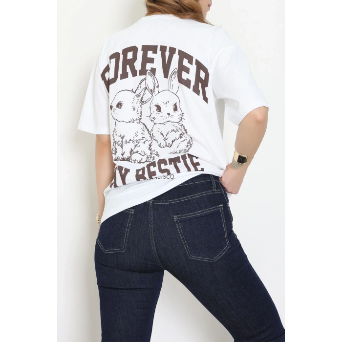 Baskılı Kompakt Penye Tişört Beyazkahve - 55044.1872.