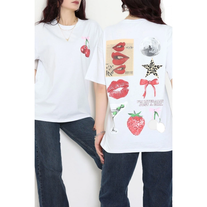 Baskılı Kompakt Penye Tişört Beyazkiraz - 55044.1872.