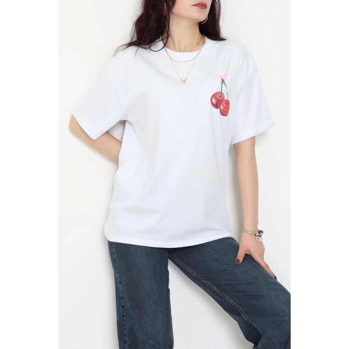 Baskılı Kompakt Penye Tişört Beyazkiraz - 55044.1872.