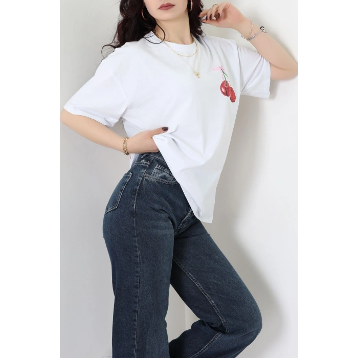 Baskılı Kompakt Penye Tişört Beyazkiraz - 55044.1872.