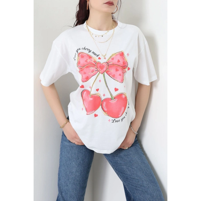 Baskılı Kompakt Penye Tişört Beyazkırmızı - 55044.1872.